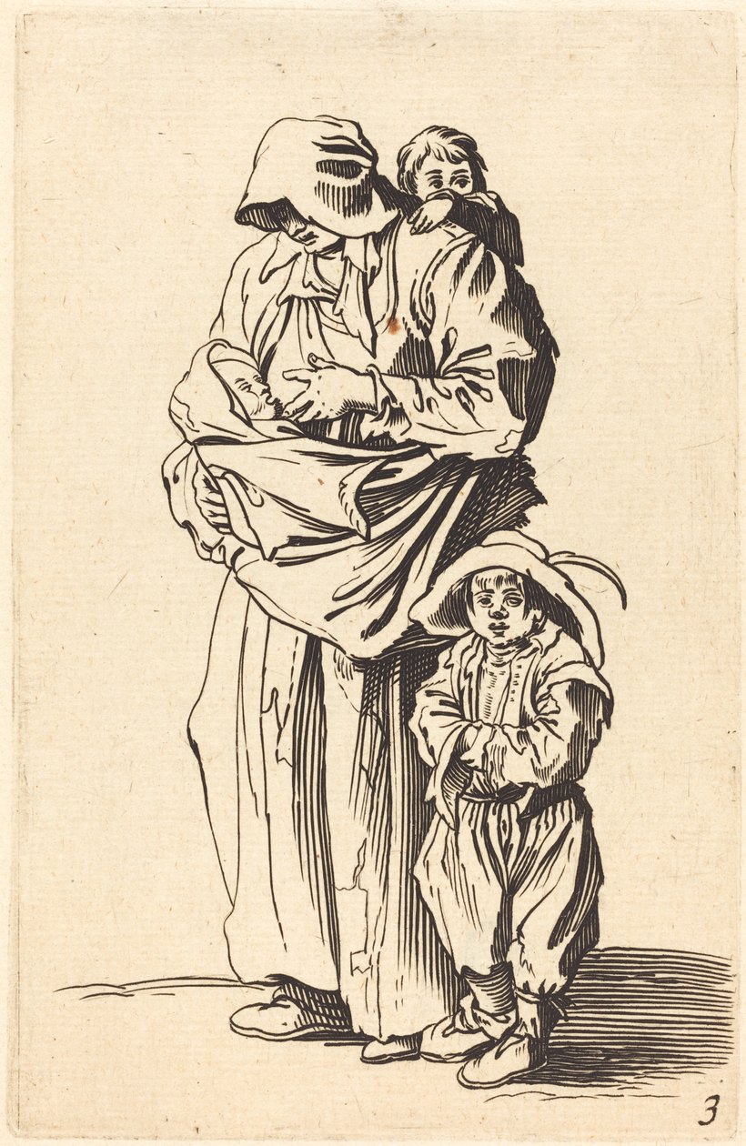 Mor og tre børn af After Jacques Callot