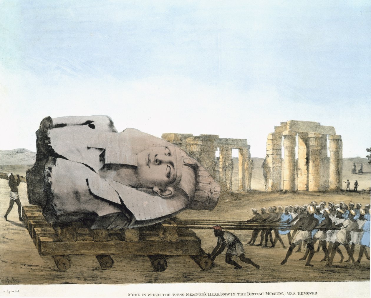 Den måde, hvorpå den unge Memnons hoved blev fjernet, i form af plancher, der illustrerer undersøgelser i Egypten og Nubien. Belzoni, Giovannie Battista. Aglio, Agostino (1777-1857) Udgivet 1820-22 af Agostino Aglio