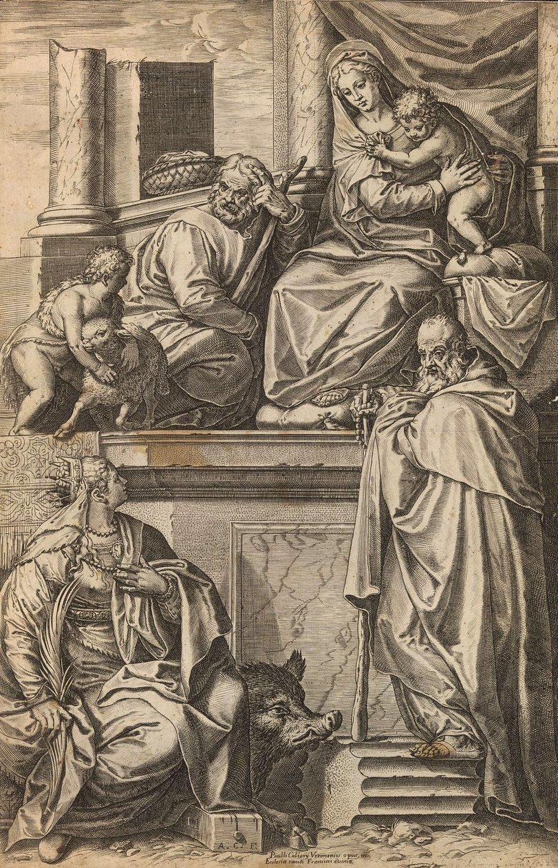 Hellig Familie med Johannes Døberen, St. Catherine og St. Anthony den Store af Agostino Carracci