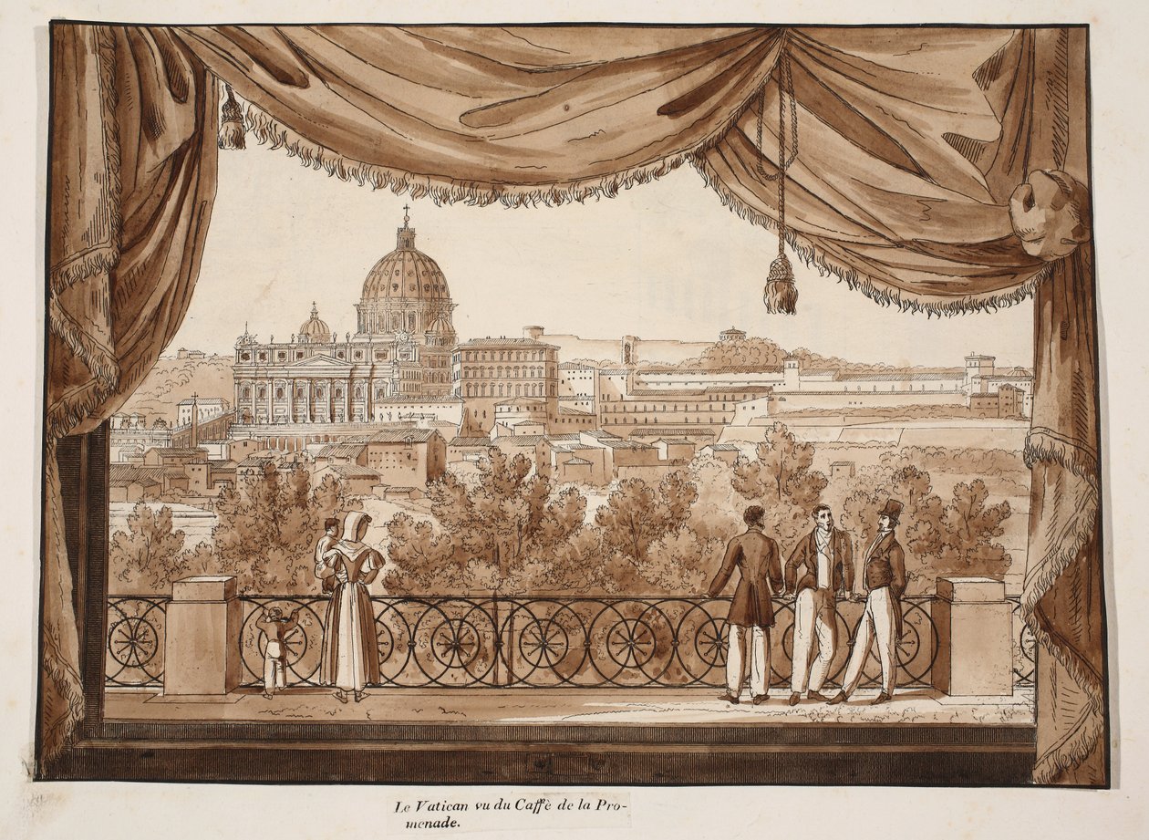 Vatikanet set fra Caffe de la Promenade, 1833 (radering med brun vask) af Agostino Tofanelli