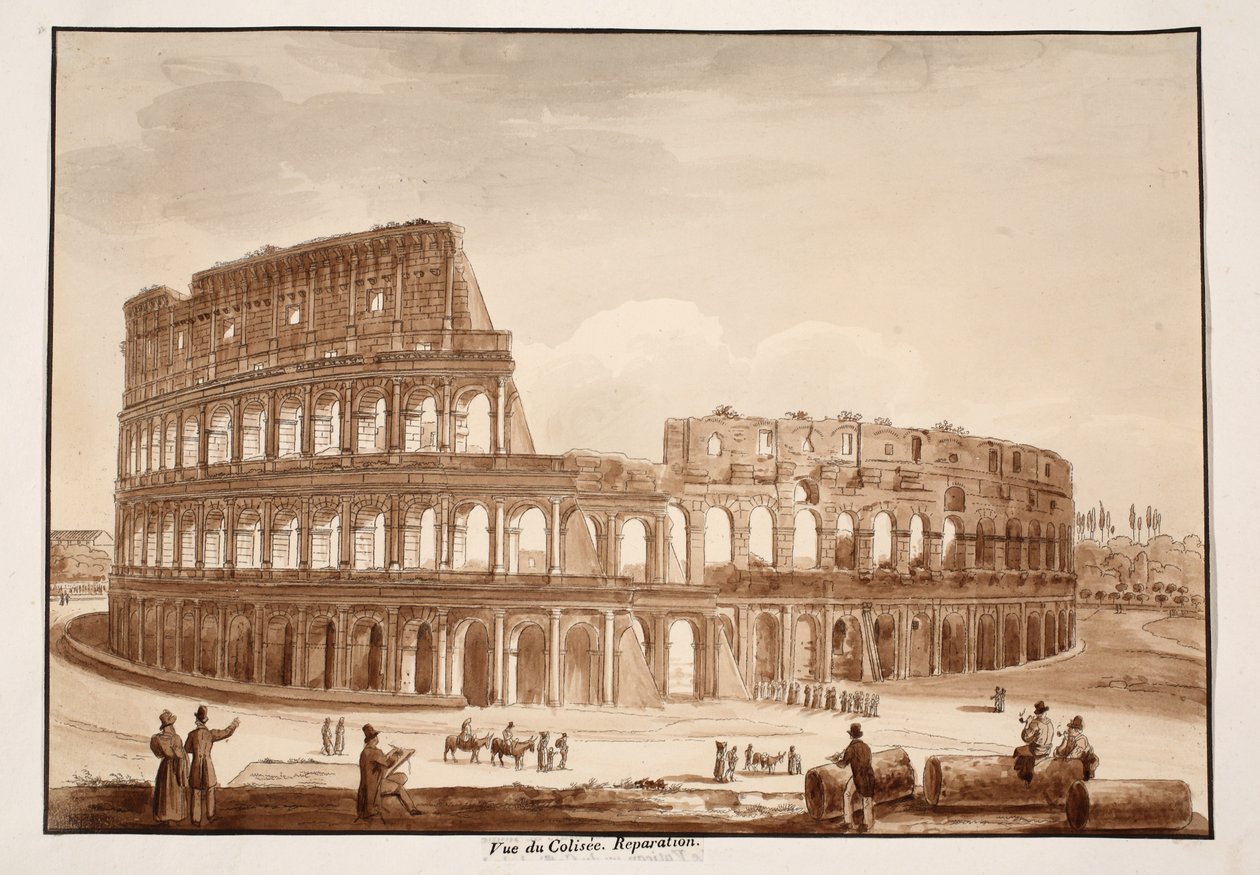 Udsigt over Colosseum under restaurering, 1833 (ætsning med brun vask) af Agostino Tofanelli