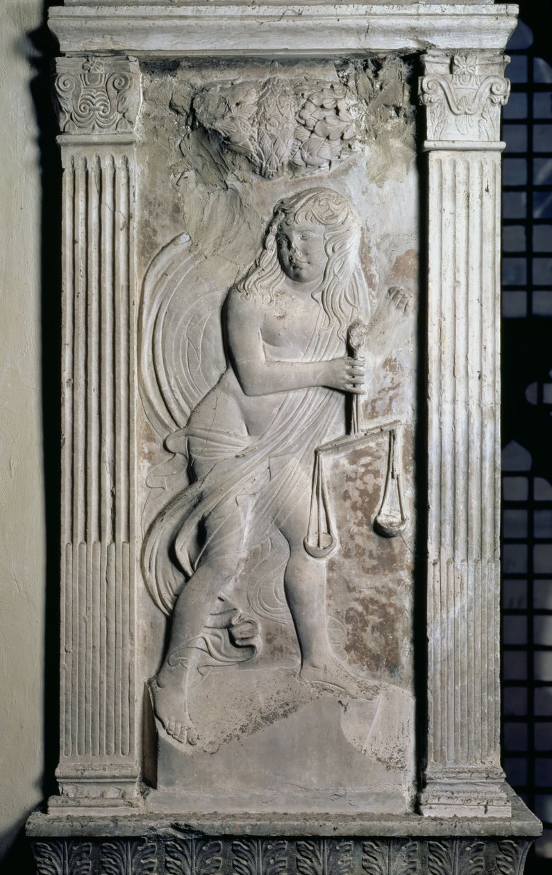 Vægten repræsenteret af en ung, der holder vægt, fra en række relieffer, der viser planetariske symboler og stjernetegn, ca. 1450 (gips) af Agostino di Duccio