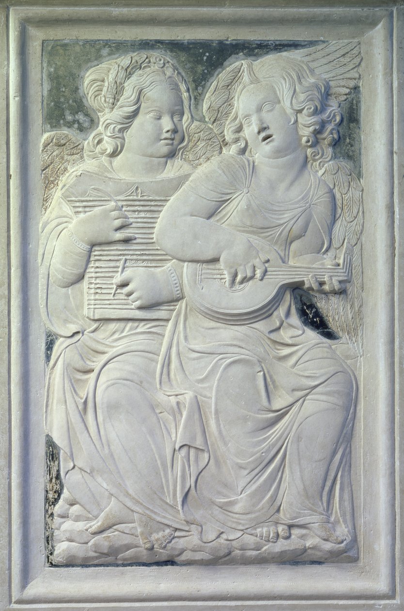 To putti fra frisen af musikalske engle i kapellet i Isotta degli Atti, ca. 1450 (marmor) af Agostino di Duccio