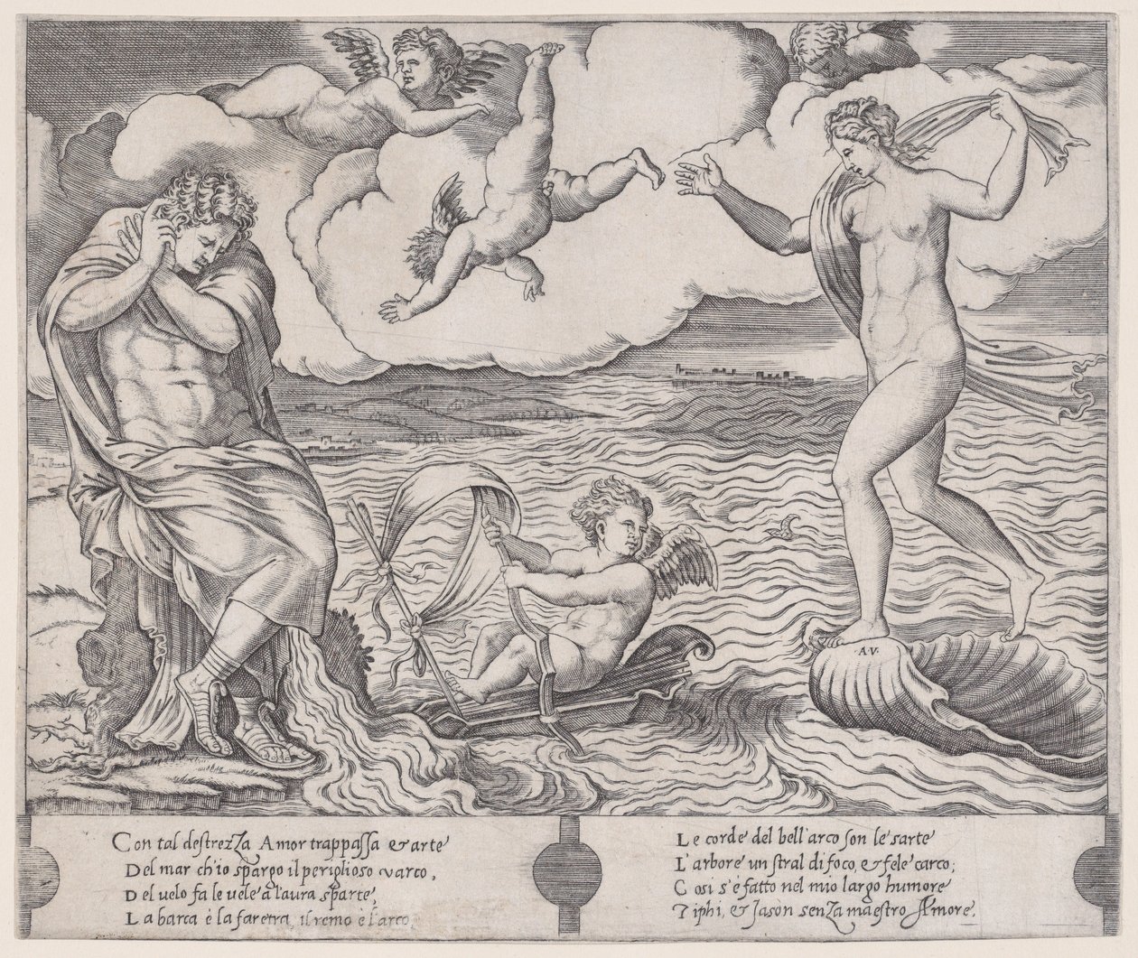 Eros i havet, ca. 1514-36. af Agostino Veneziano