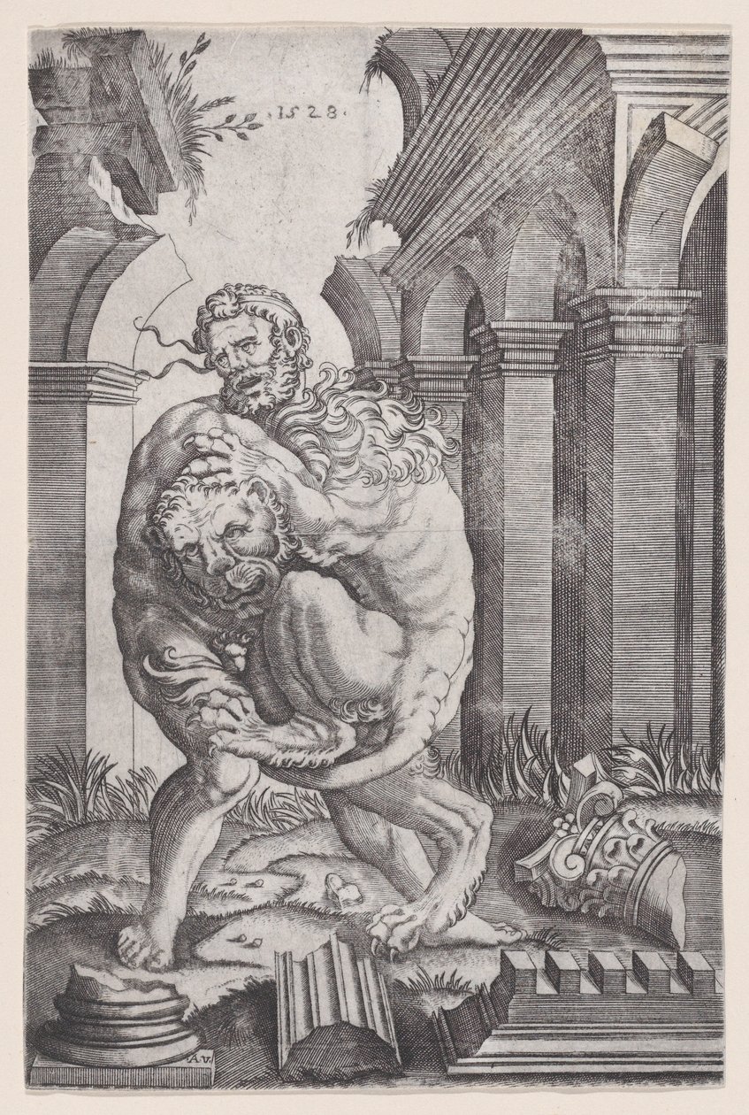 Hercules Strangling the Nemean Lion, dateret 1528. af Agostino Veneziano