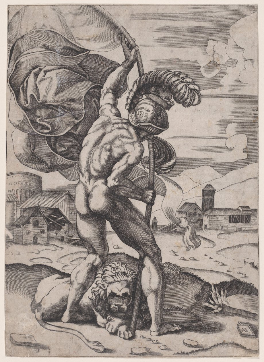 Mand med et flag, ca. 1514-36. af Agostino Veneziano