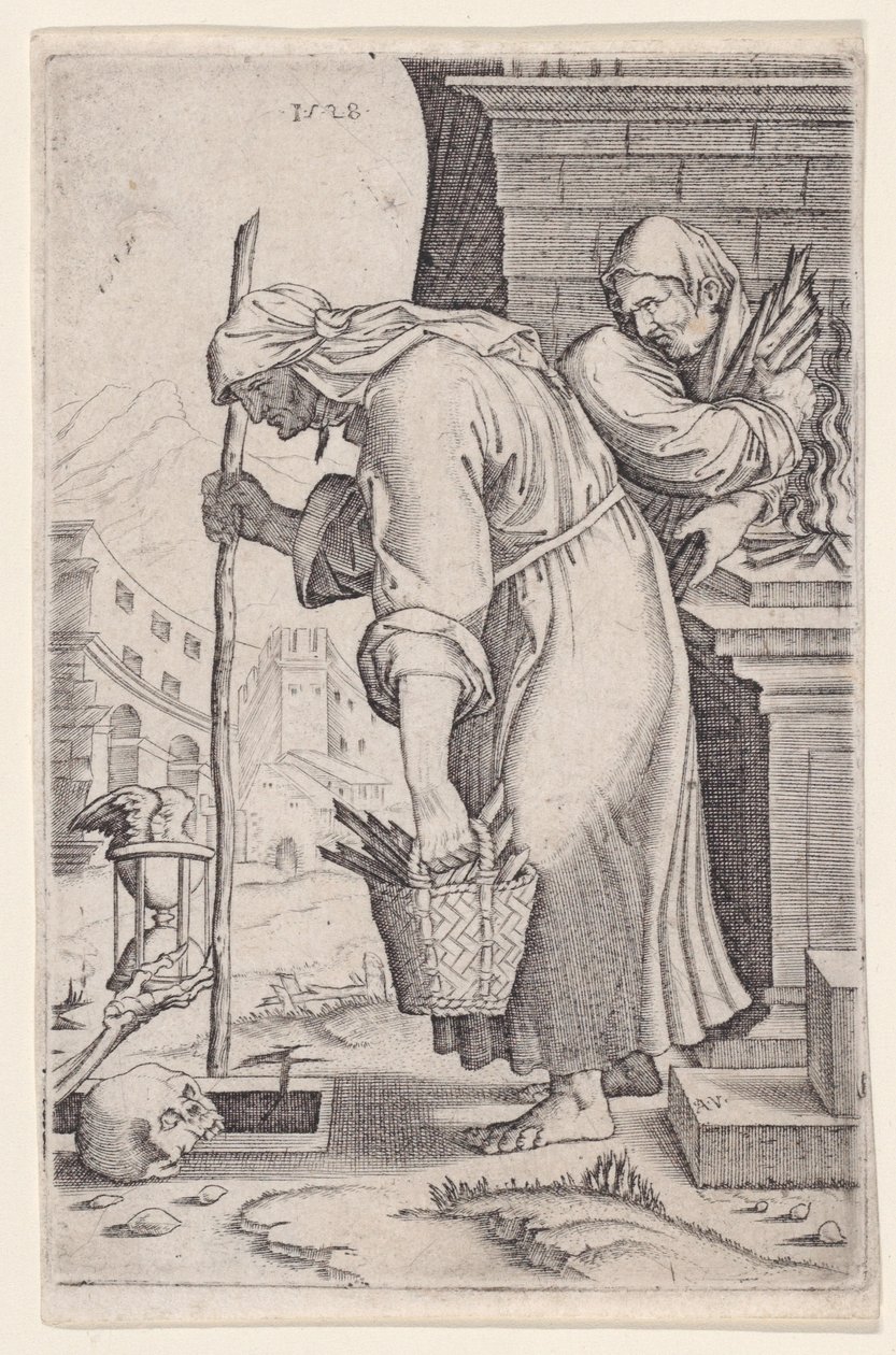 Gammel kvinde nærmer sig graven, dateret 1528. af Agostino Veneziano