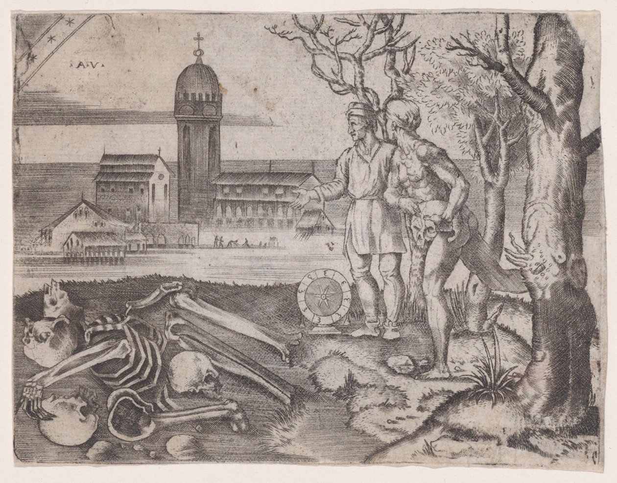 To mænd på en kirkegård, ca. 1514-36. af Agostino Veneziano
