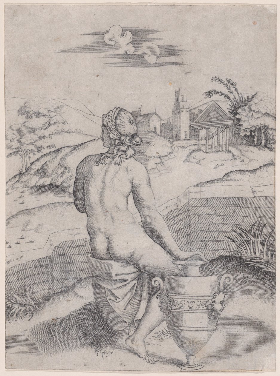 Kvinde, der sidder nær en vase, ca. 1514-36. af Agostino Veneziano