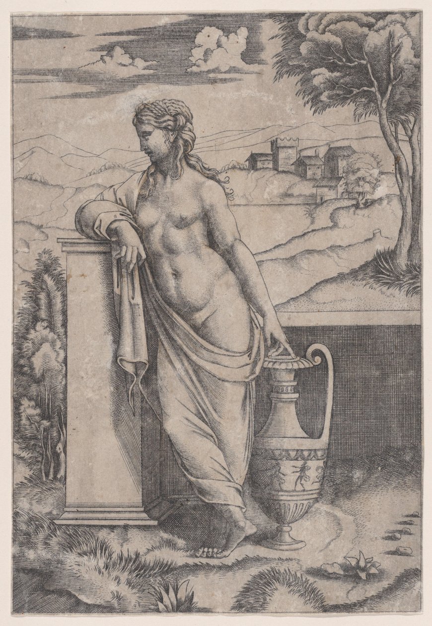 Kvinde stående nær en vase, ca. 1514-36. af Agostino Veneziano