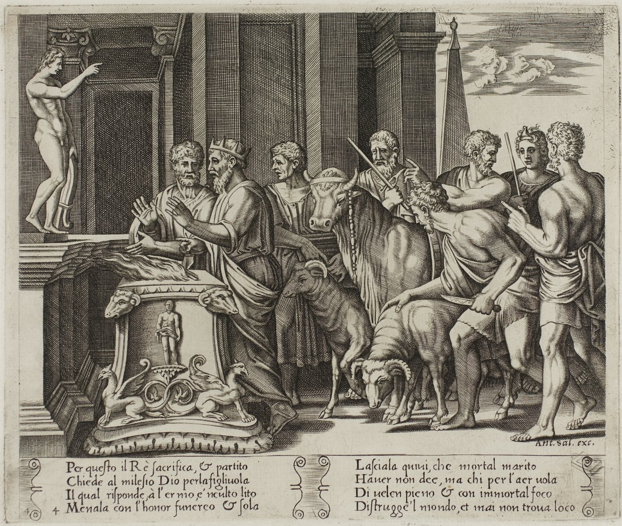 Psyches far konsulterer oraklet af Agostino dei Musi