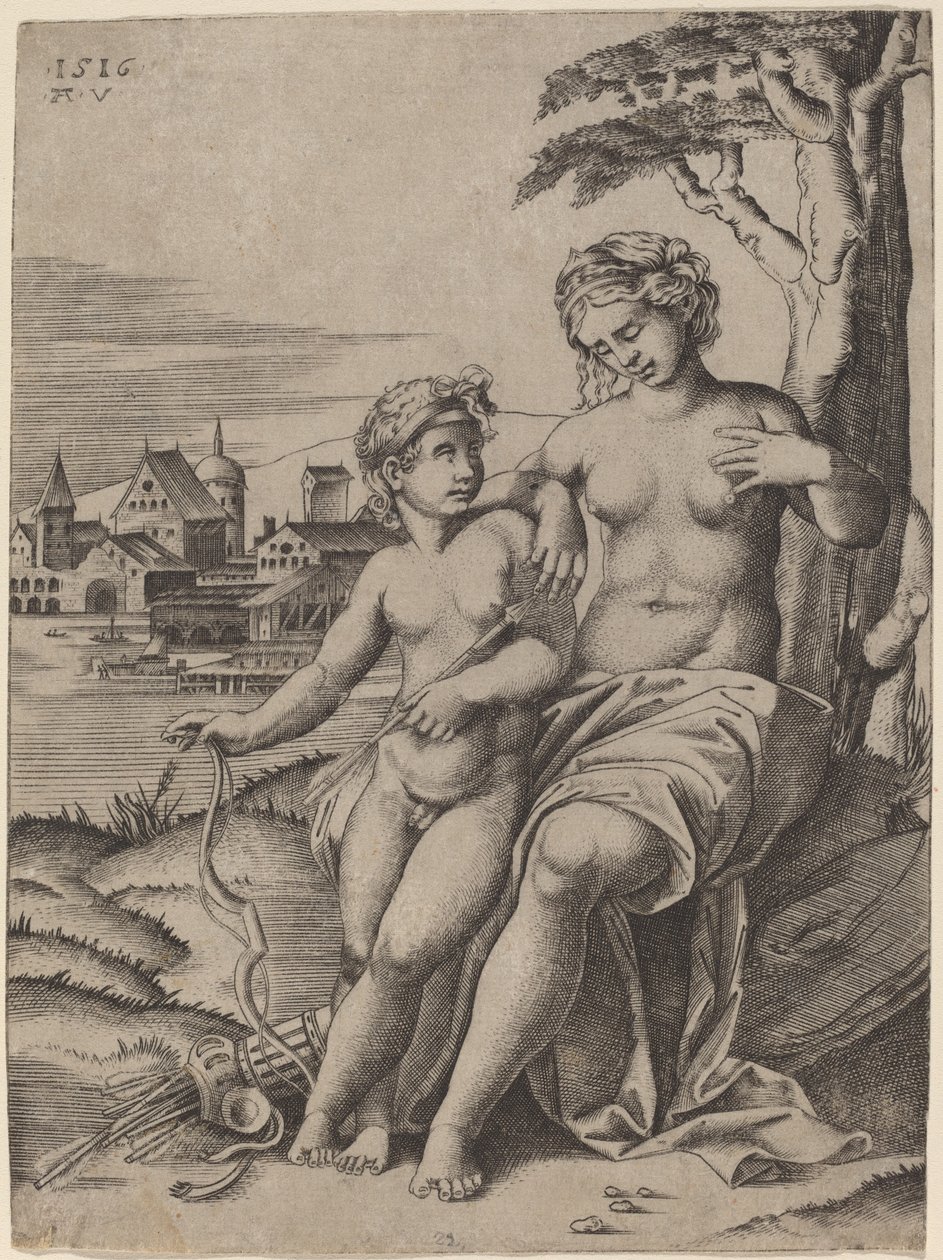 Venus og Amor af Agostino dei Musi after Raphael
