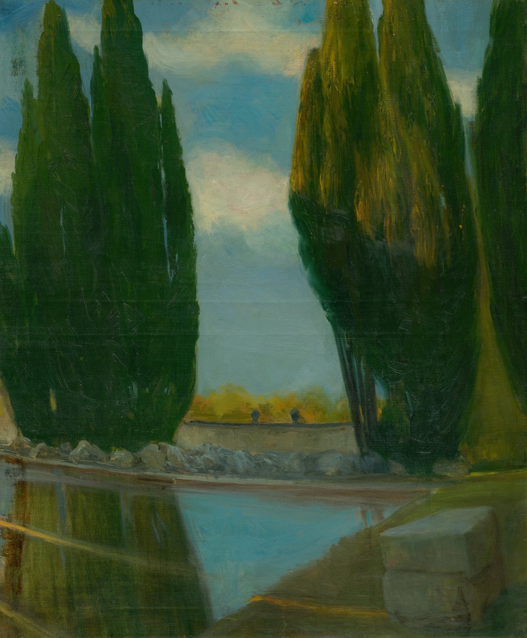 Landskab med sø, ca. 1890-98 (olie på lærred) af Akos Aranyossy