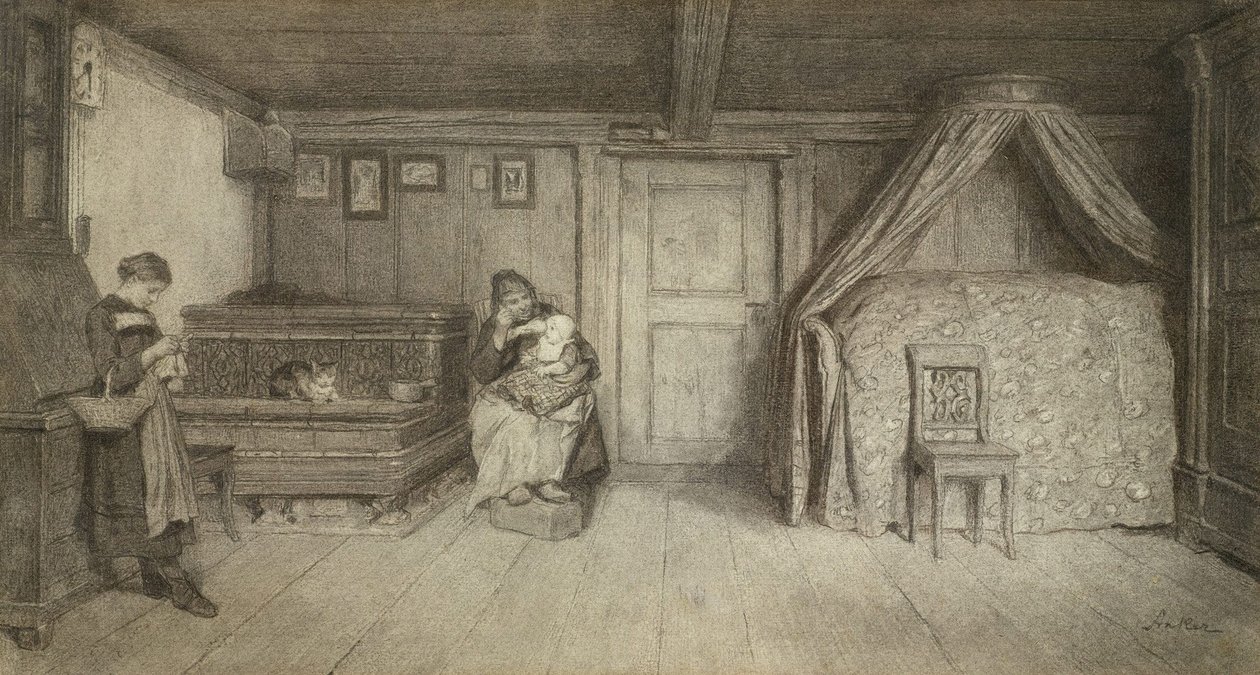 Familiescene i et interiør af Albert Anker