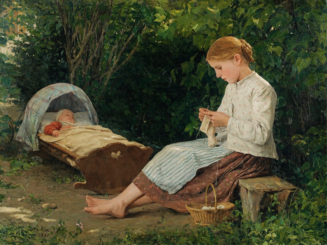 Strikkepige, lille barn i vuggen af Albert Anker