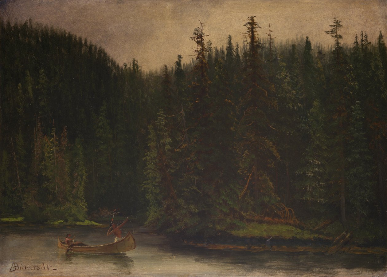 Indiske jægere i kano af Albert Bierstadt