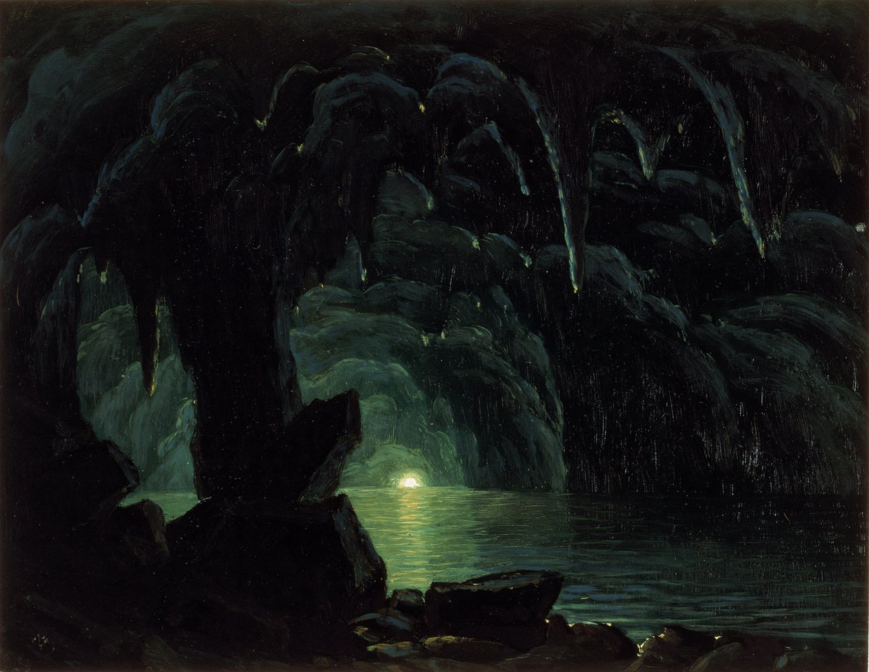 Den blå grotte, Capri (olie på pap) af Albert Bierstadt