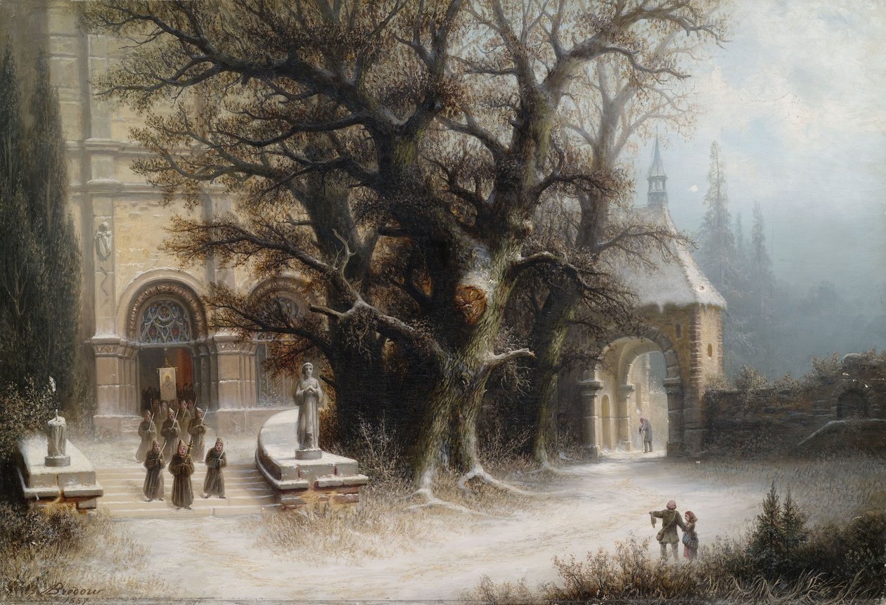 Optog på et snedækket kloster af Albert Bredow