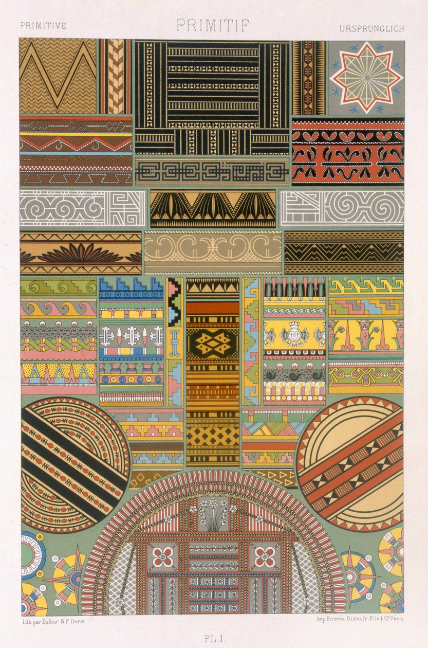 Primitiv stil, plade I fra "Polychrome Ornament", graveret af F. Durin, udgivet i Paris, 1869 af Albert Charles August Racinet
