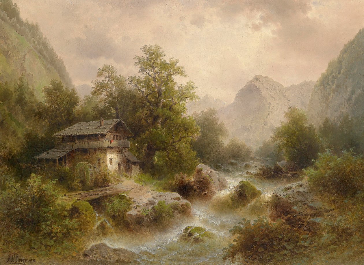 Mølle på bjergbæk af Albert Rieger
