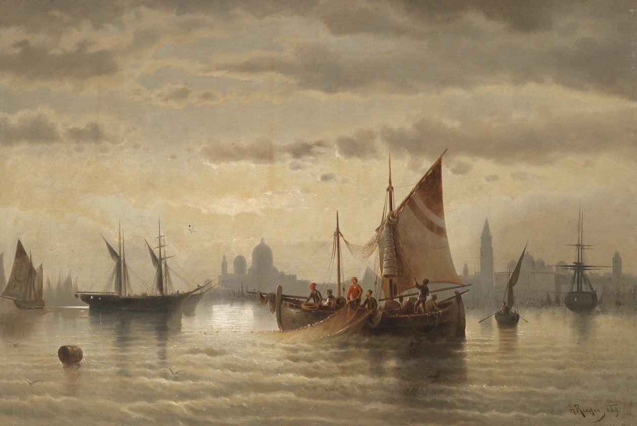 Sejlskibe foran Venedig af Albert Rieger
