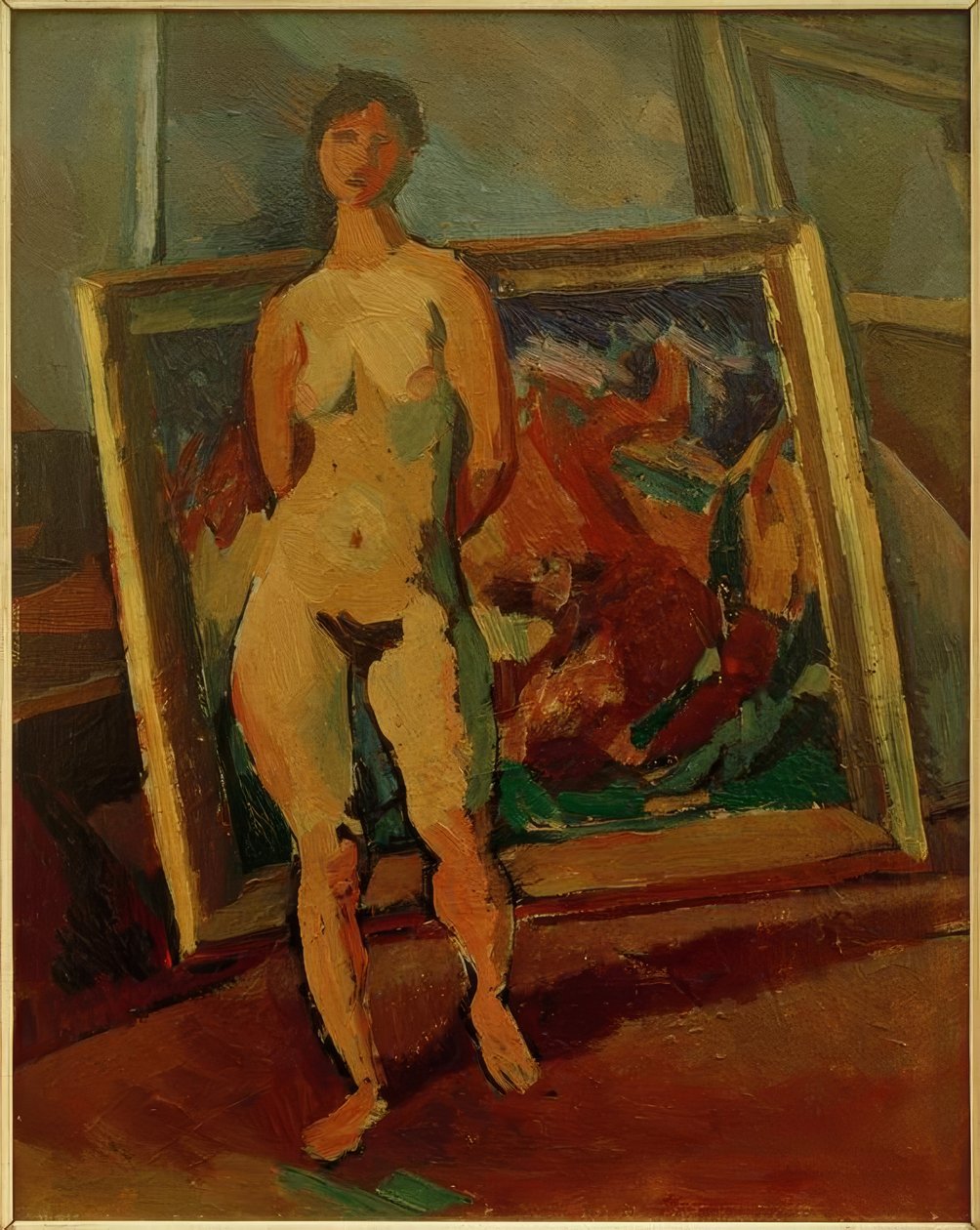 Kvindelig nøgen i studiet (Striding Female Nude) af Albert Weisgerber