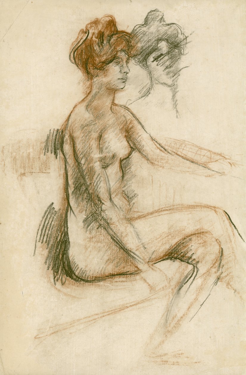 Studie af en siddende nøgen, venstre arm hævet, ca. 1890 (blyant, kul og brunt kridt på papir) af Albert de Belleroche