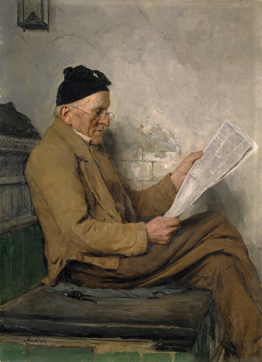 Landmand læser på komfurbænken af Albert Anker