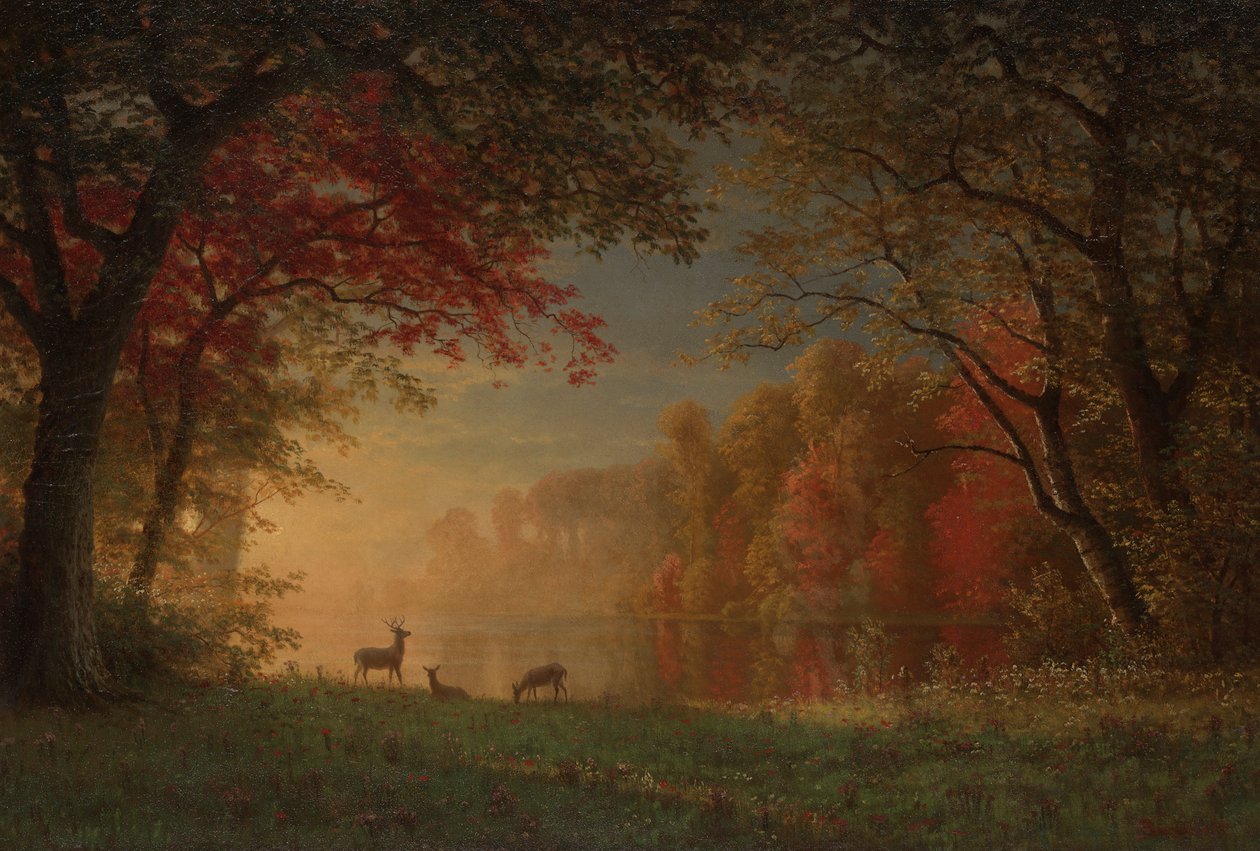 Indisk solnedgang: Hjorte ved en sø af Albert Bierstadt