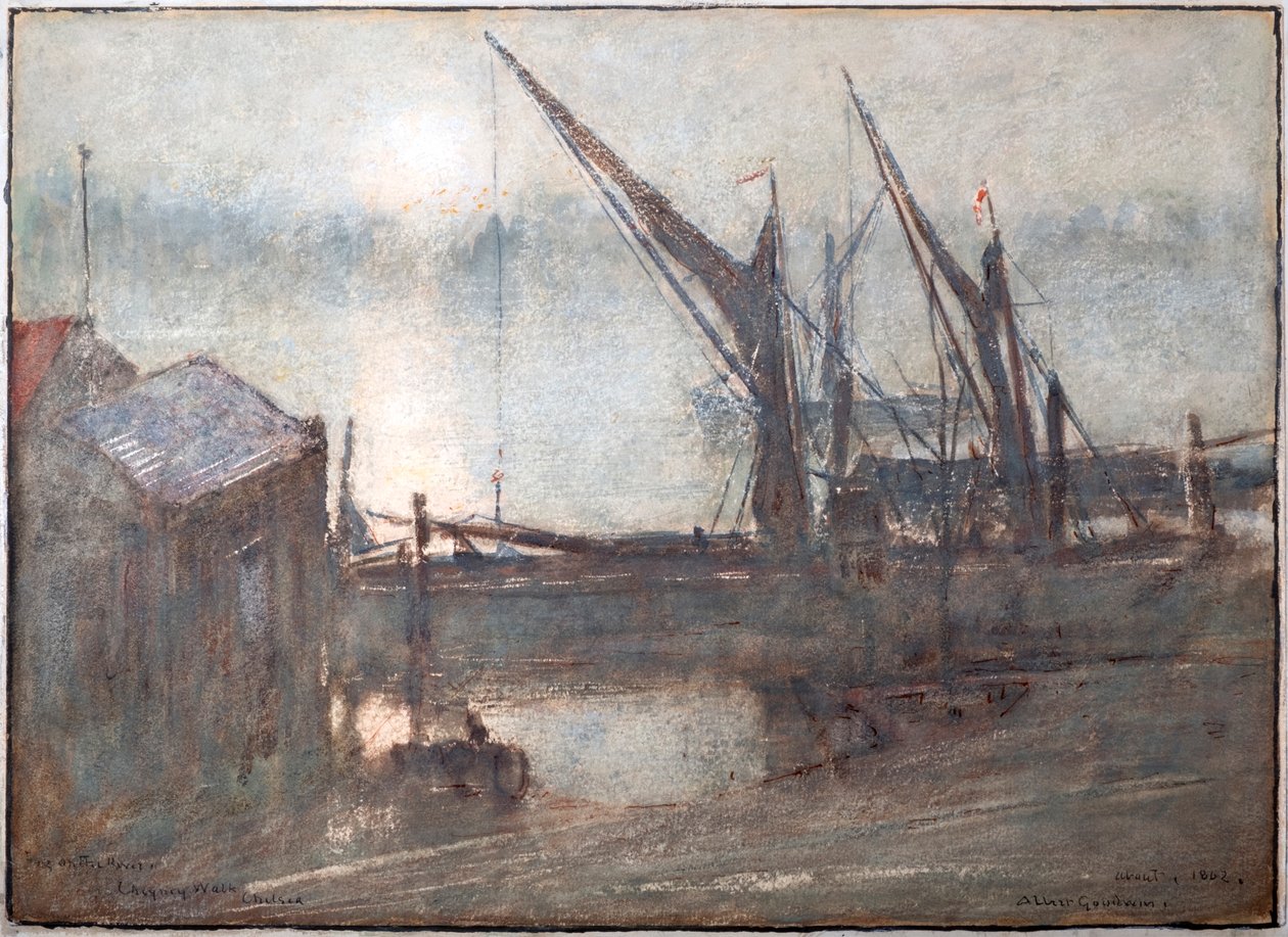 Tåge på floden, Cheyney Walk, Chelsea af Albert Goodwin