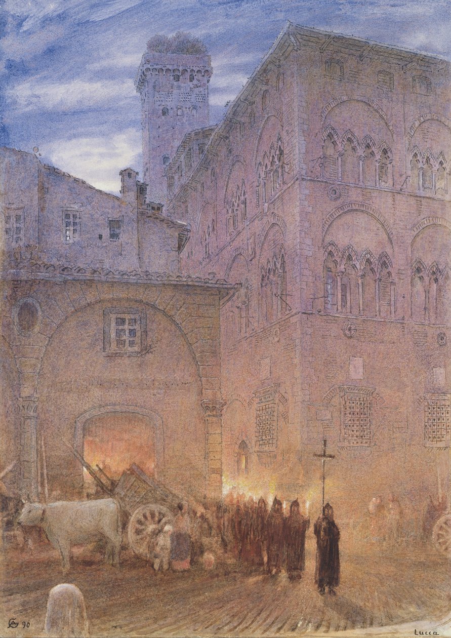 Lucca; Toscana; religiøs procession; vogn; ko; af Albert Goodwin