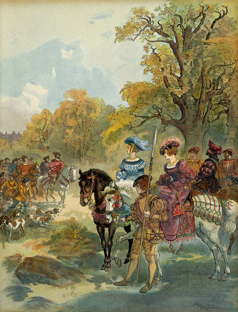 Kongelig Jagt af Francois I (1494-1547). Illustration af Albert Robida