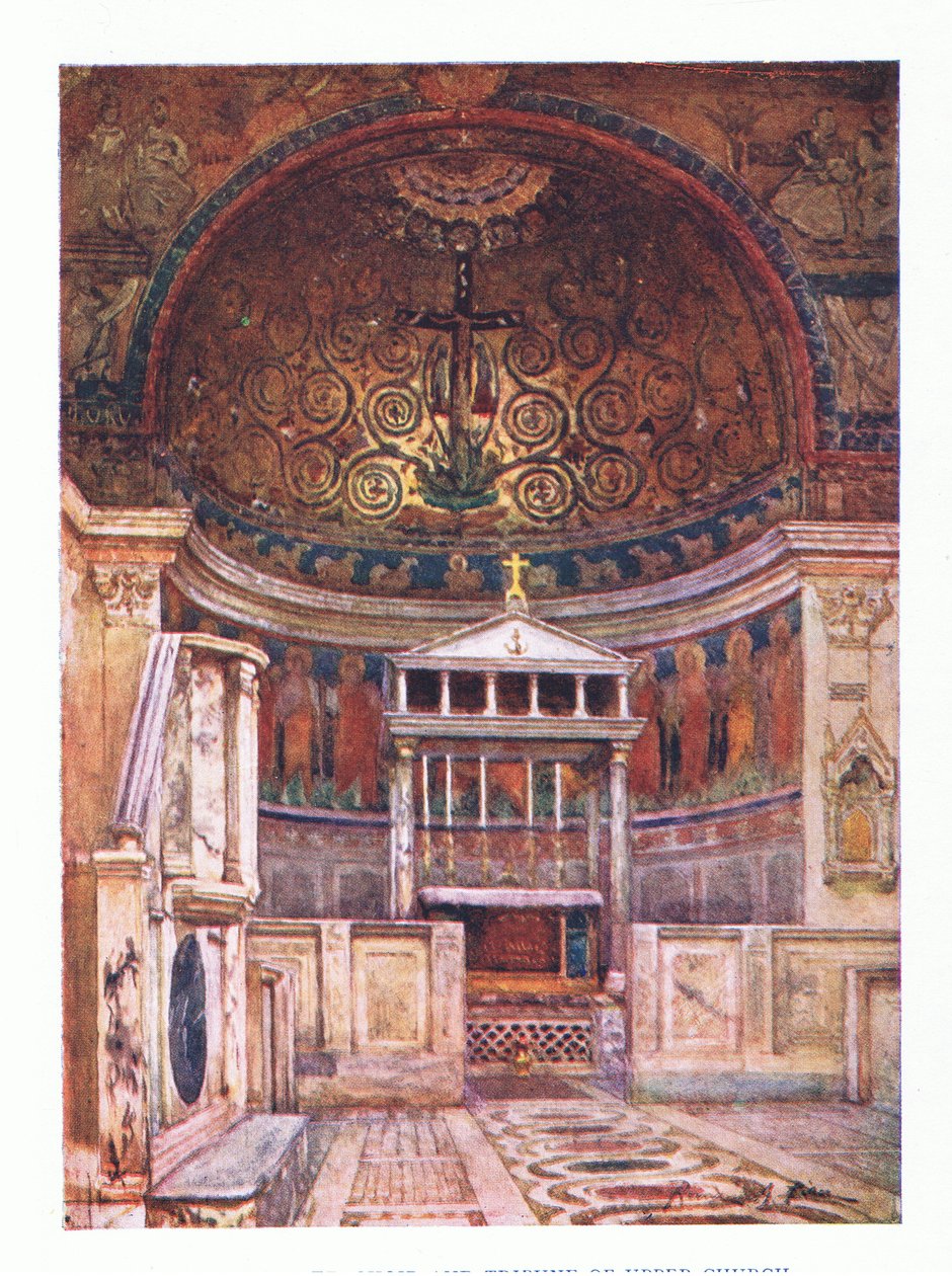 San Clemente, kor og Tribune of Upper Church (nedenfor er Temple of Mithras), fra Rom udgivet af A & C Black Ltd, 1925 af Alberto Pisa