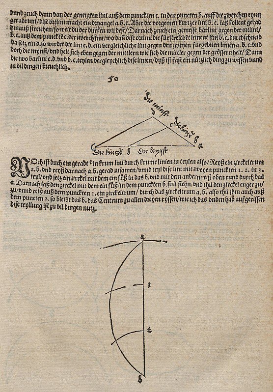 Opdeling af en linje i et forhold givet af to andre linjer og forsøg på at opdele den i tre af Albrecht Dürer
