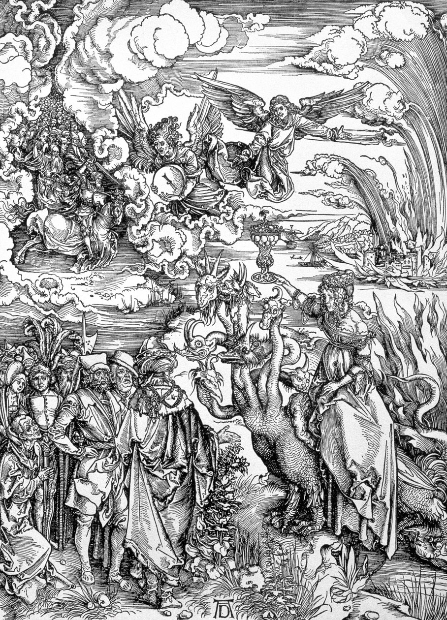 Den babyloniske hore fra "Apokalypsen" eller "Johannes den Guddommeliges åbenbaringer", udg. 1498 af Albrecht Dürer
