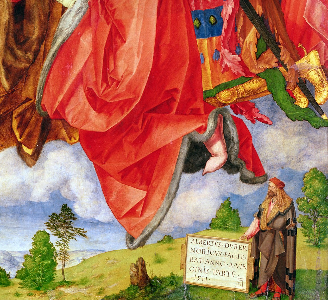 Landauer-altertavle, Allehelgensdag, detalje med selvportræt, 1511 (detalje af 68677) af Albrecht Dürer