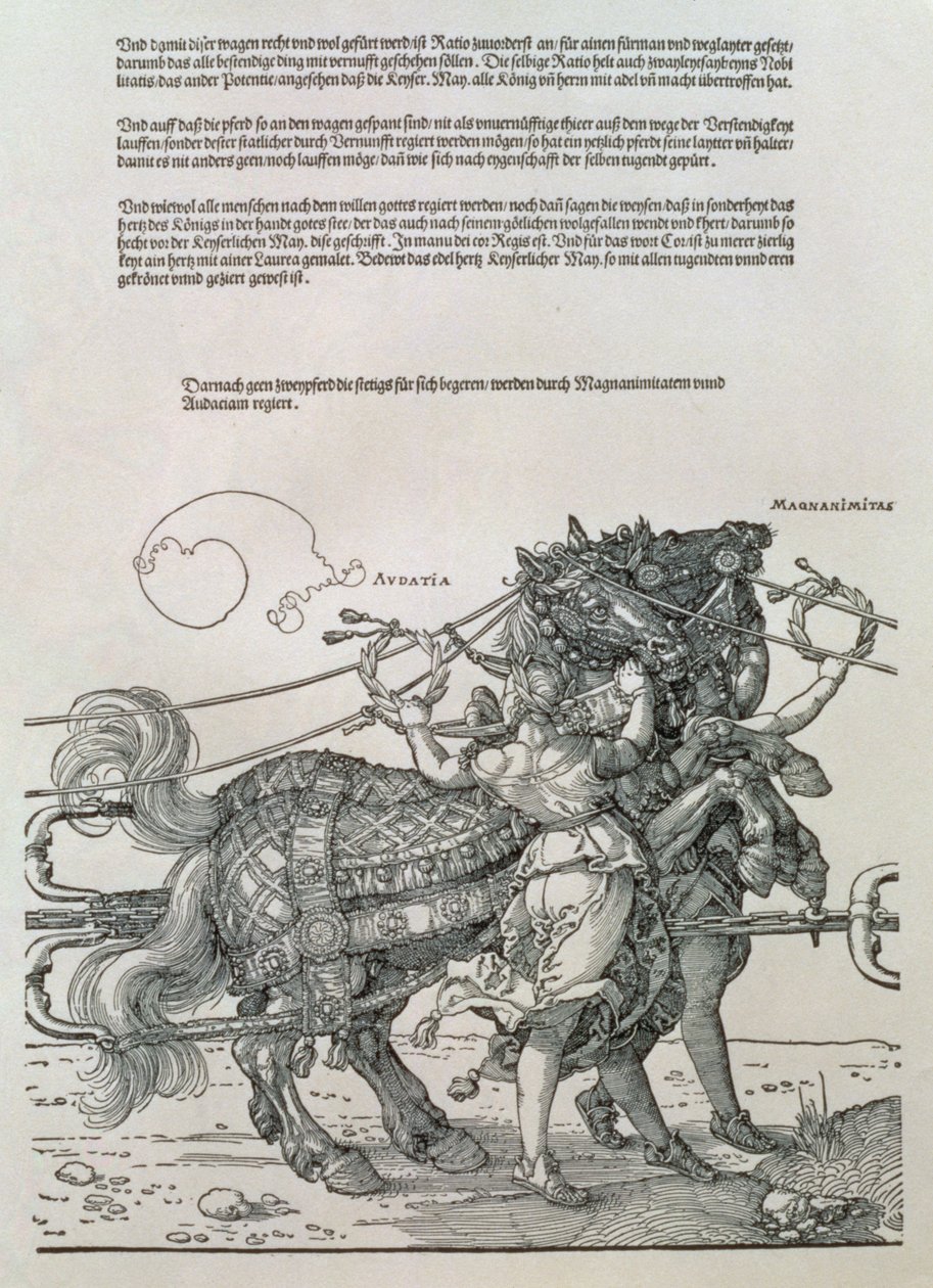 Triumfvogn af kejser Maximilian I af Tyskland (1459-1519): detaljer om hesteholdene, styret af to dyder, storsind og frækhed af Albrecht Dürer