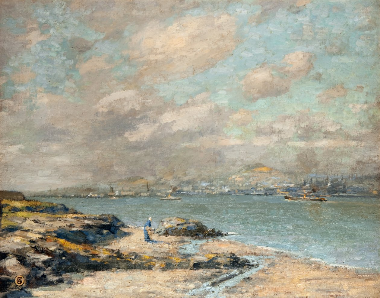 Dundee fra Tayport (olie på lærred) af Alec Grieve