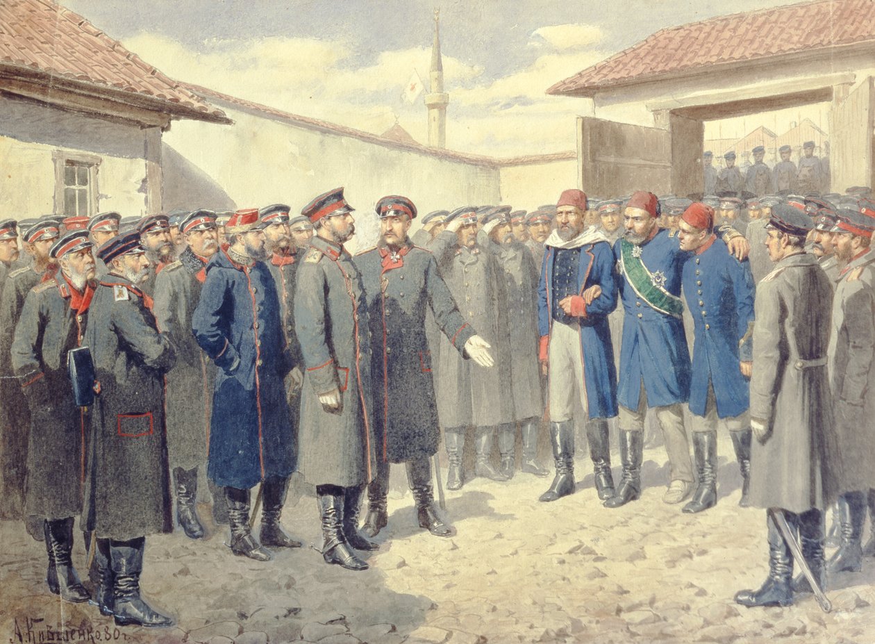 Plevnas fald, den sårede Osman-Pashah før Alexander II (1818-1881), 1880 af Aleksei Danilovich Kivshenko