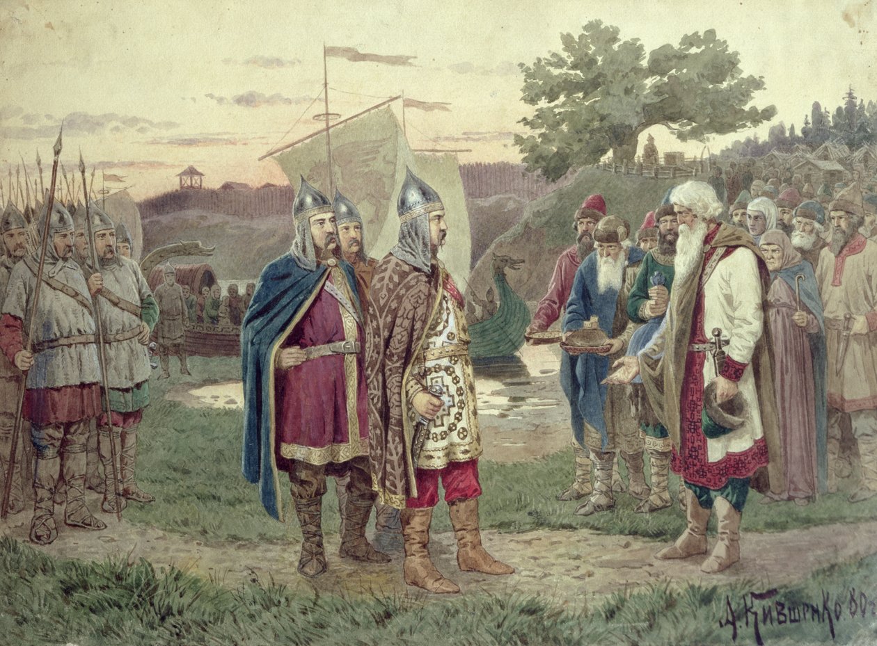 Storhertugens møde med befolkningen i en slavisk by i det 9. århundrede, 1880 af Aleksei Danilovich Kivshenko