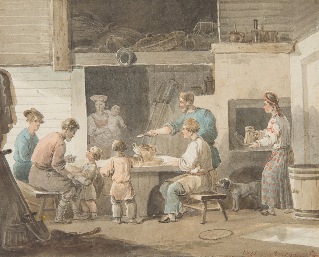 Frokosttid, 1821 af Aleksei Gavrilovich Venetsianov