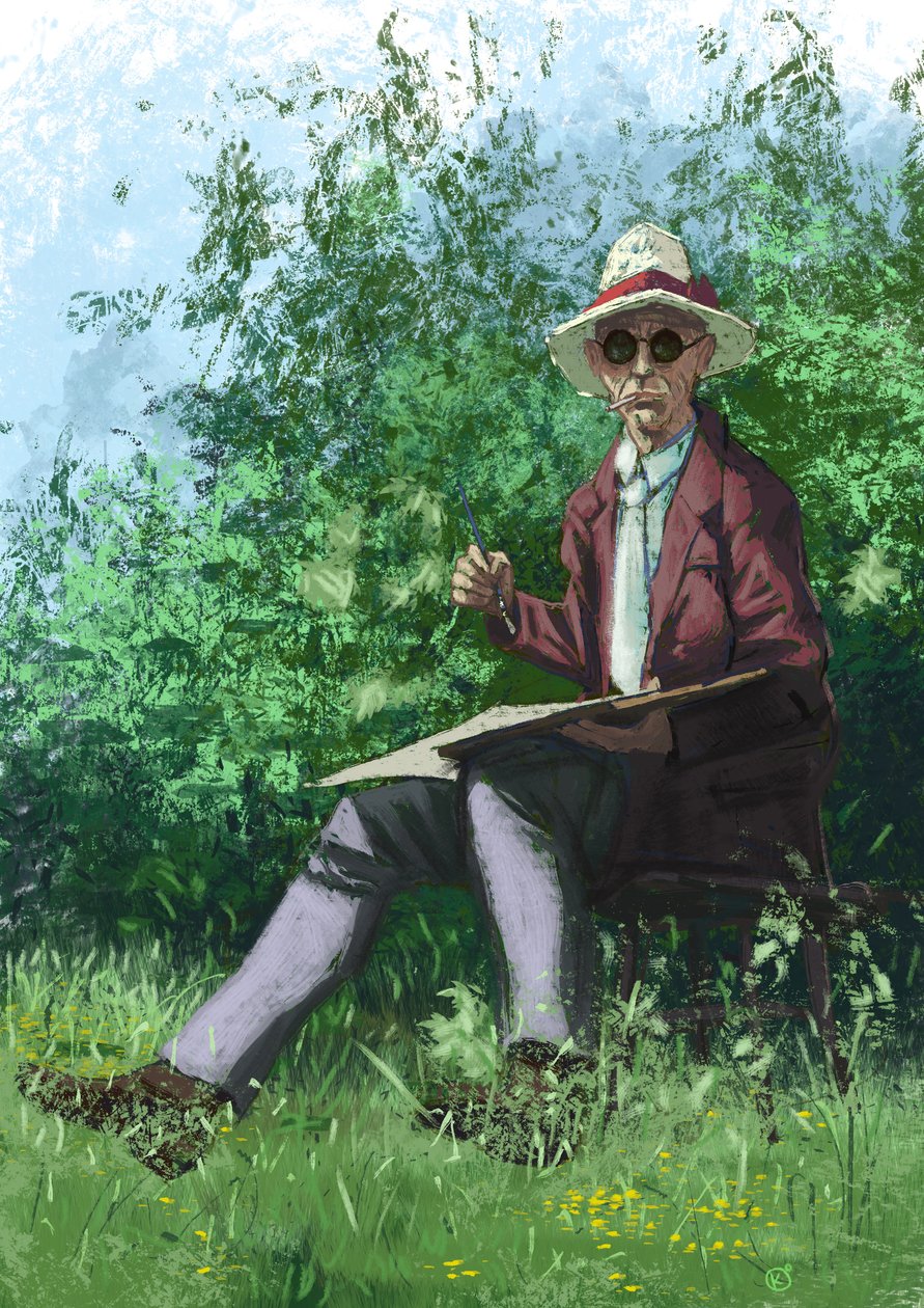 Hermann Hesse maleri i haven af Alessandro Lonati