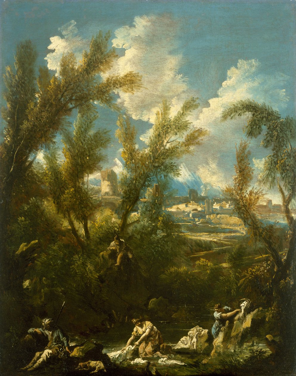 Landskab med vaskekone, ca. 1715 af Alessandro Magnasco
