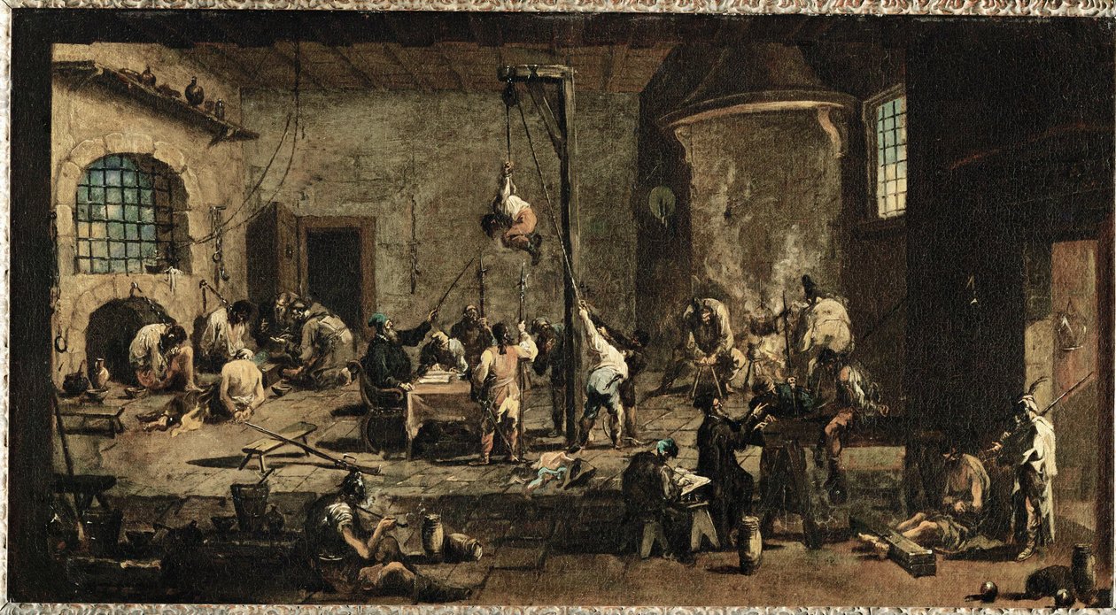Scene i retsbygningen ... (olie på lærred) af Alessandro Magnasco