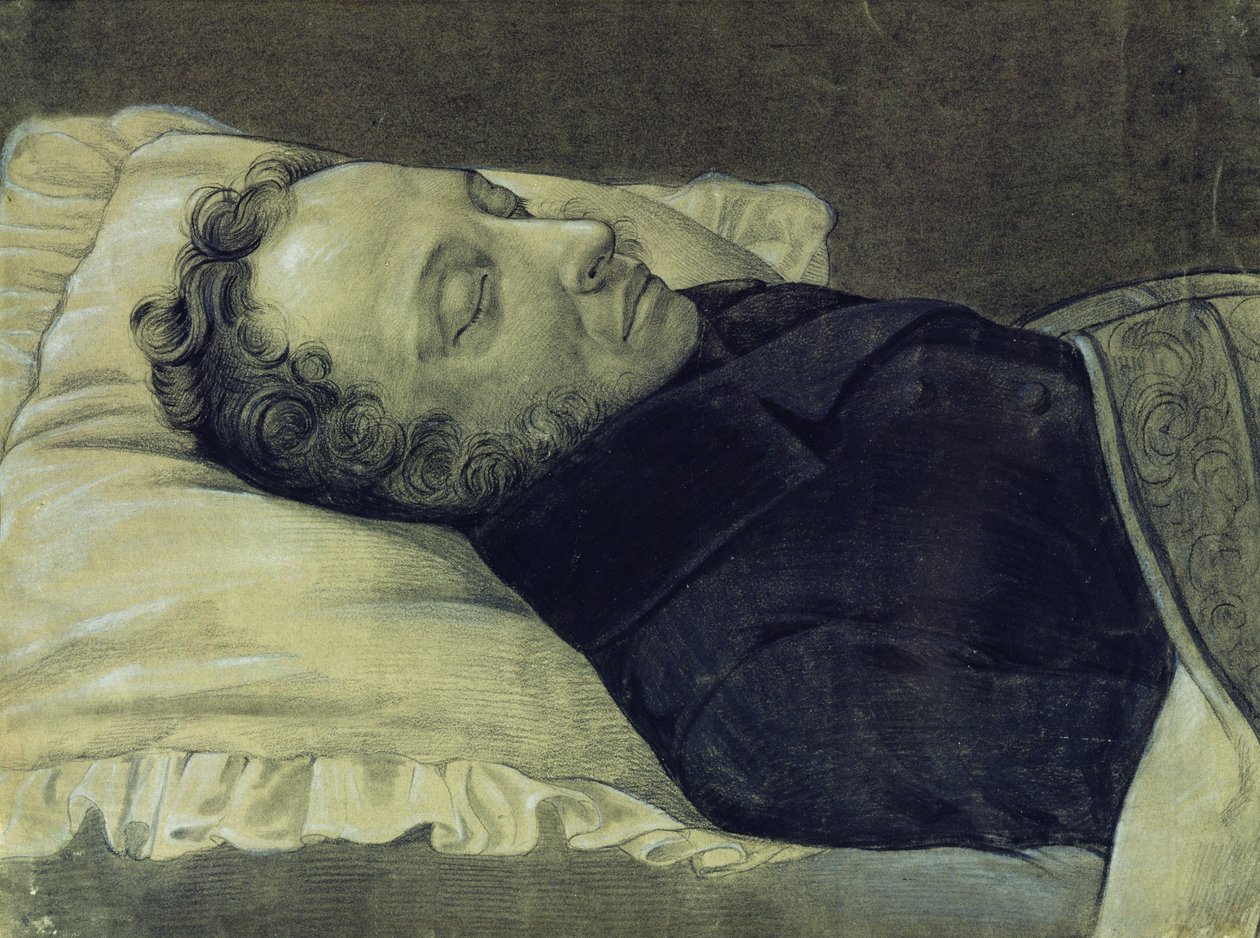 Portræt af Alexander Pusjkin på sit dødsleje, 1837 (blyant, gouache og blæk på papir) af Alexander Alexeyevich Koslov