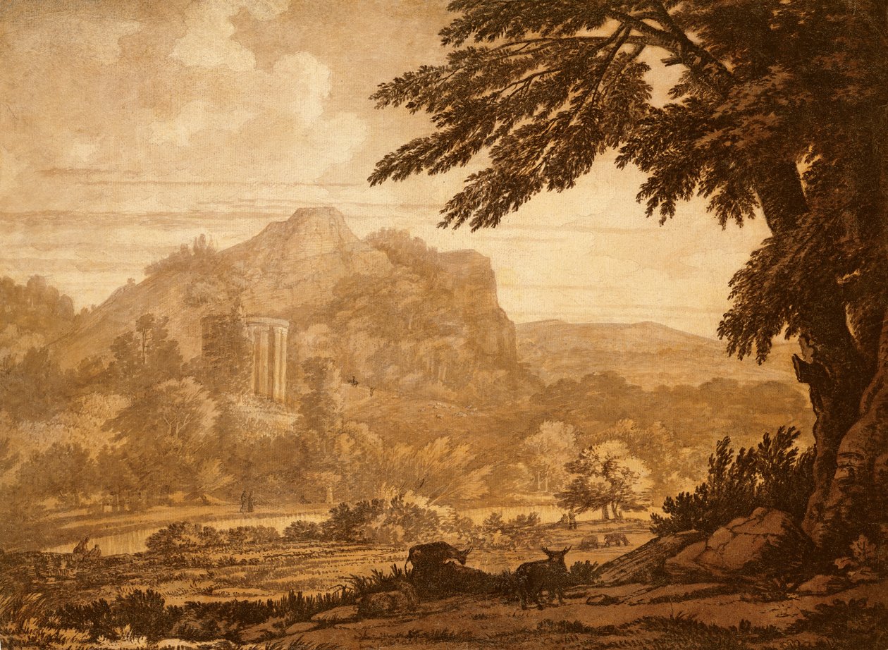 Landskab med et tempel (pen og blæk og vask på papir) af Alexander Cozens