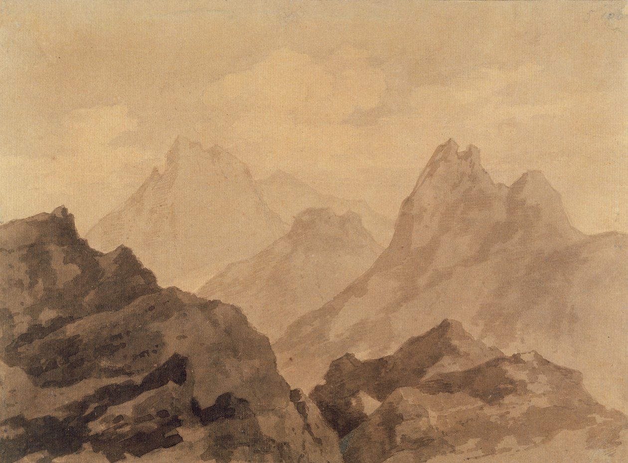Bjergtoppe (Et bjergstudie), ca. 1780 (grafit med brun og grå vask på papir) af Alexander Cozens