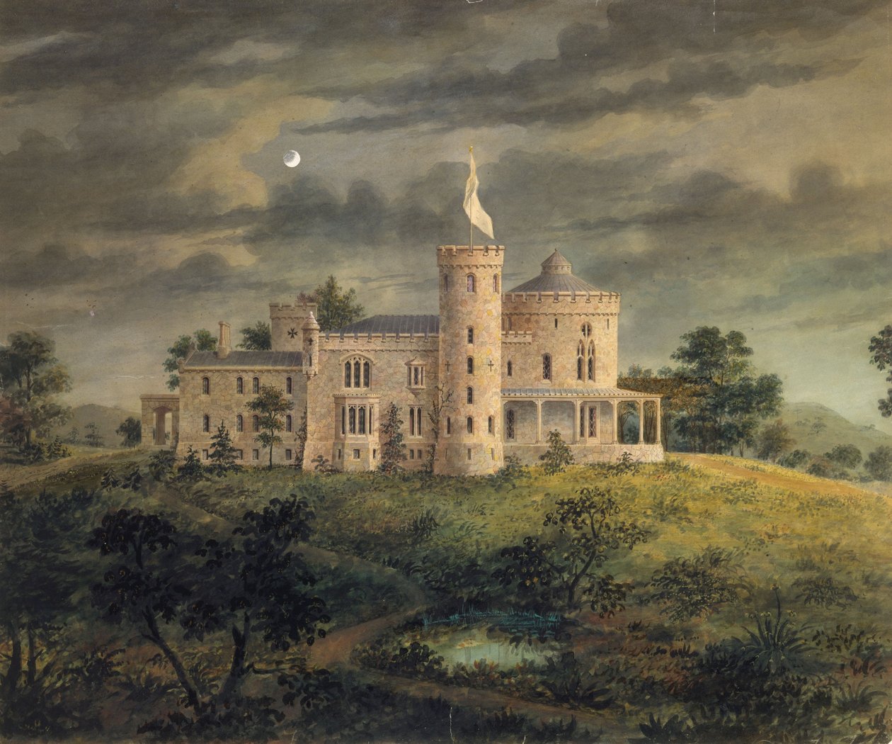 Ericstan, Tarrytown, 1855 (wc, blæk og grafit på papir) af Alexander Jackson Davis