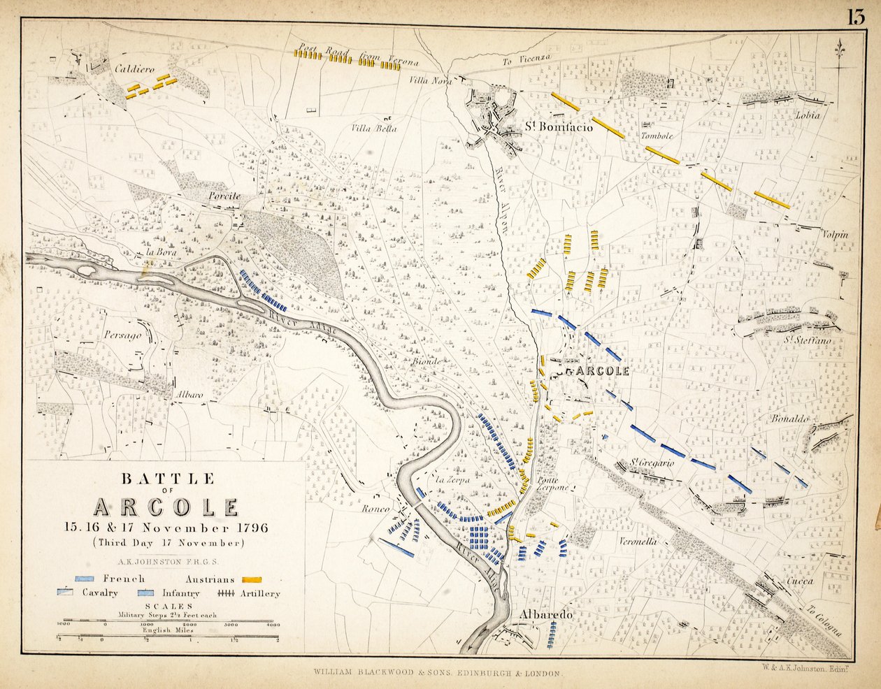 Kort over slaget ved Arcole, udgivet af William Blackwood and Sons, Edinburgh og London, 1848 (håndfarvet gravering) af Alexander Keith Johnston
