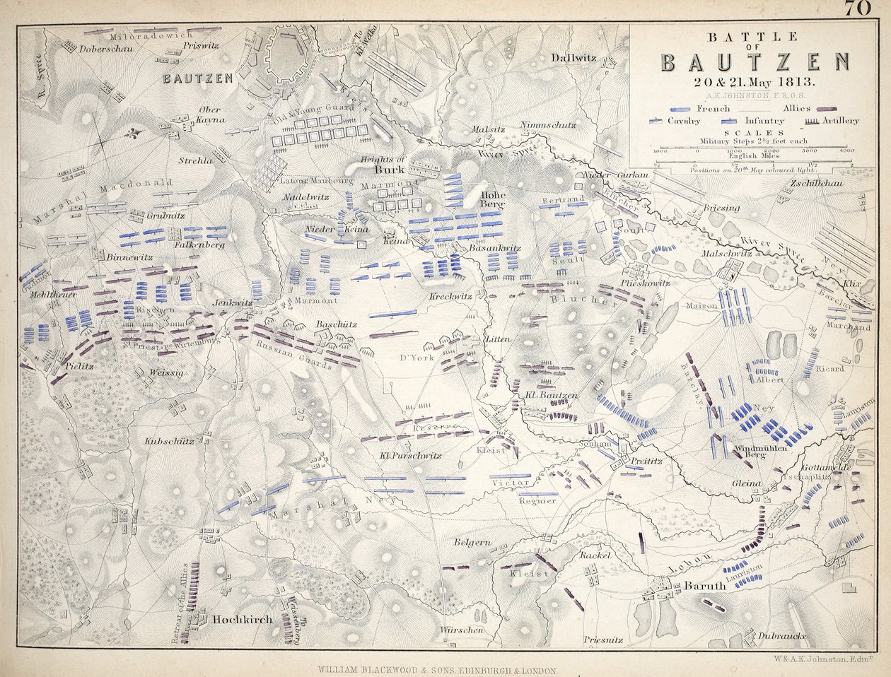 Kort over slaget ved Bautzen, udgivet af William Blackwood and Sons, Edinburgh und London, 1848 (håndkoloreret stik) af Alexander Keith Johnston